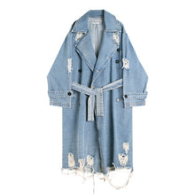 Load image into Gallery viewer, Men Vintage Fashion Streetwear Hip Hop Loose Long Denim Windbreaker Jacket Male Hole Punk Gothic Jean Trench Coat Overcoat